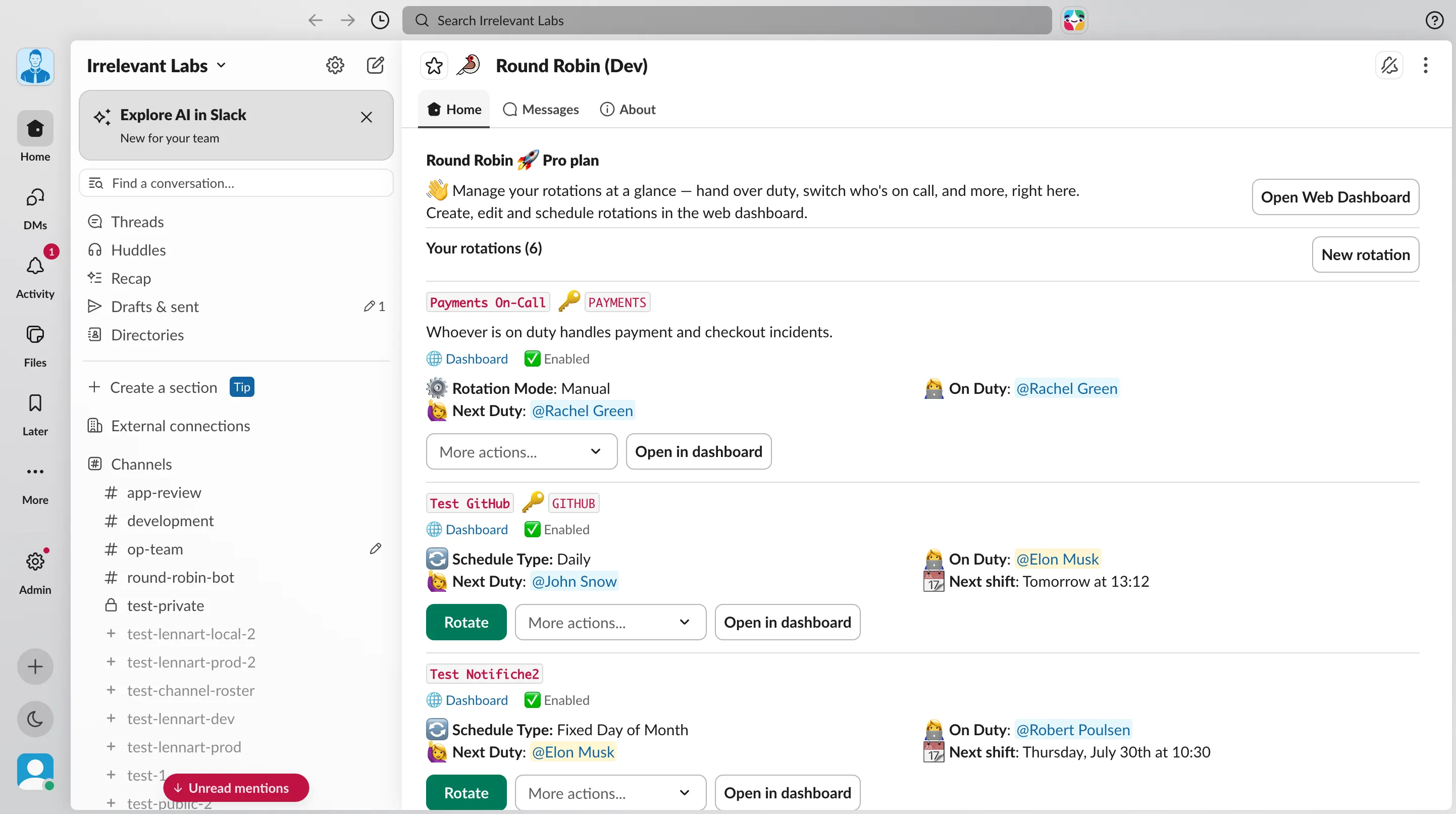 The Round Robin App Home, listing rotations with quick actions