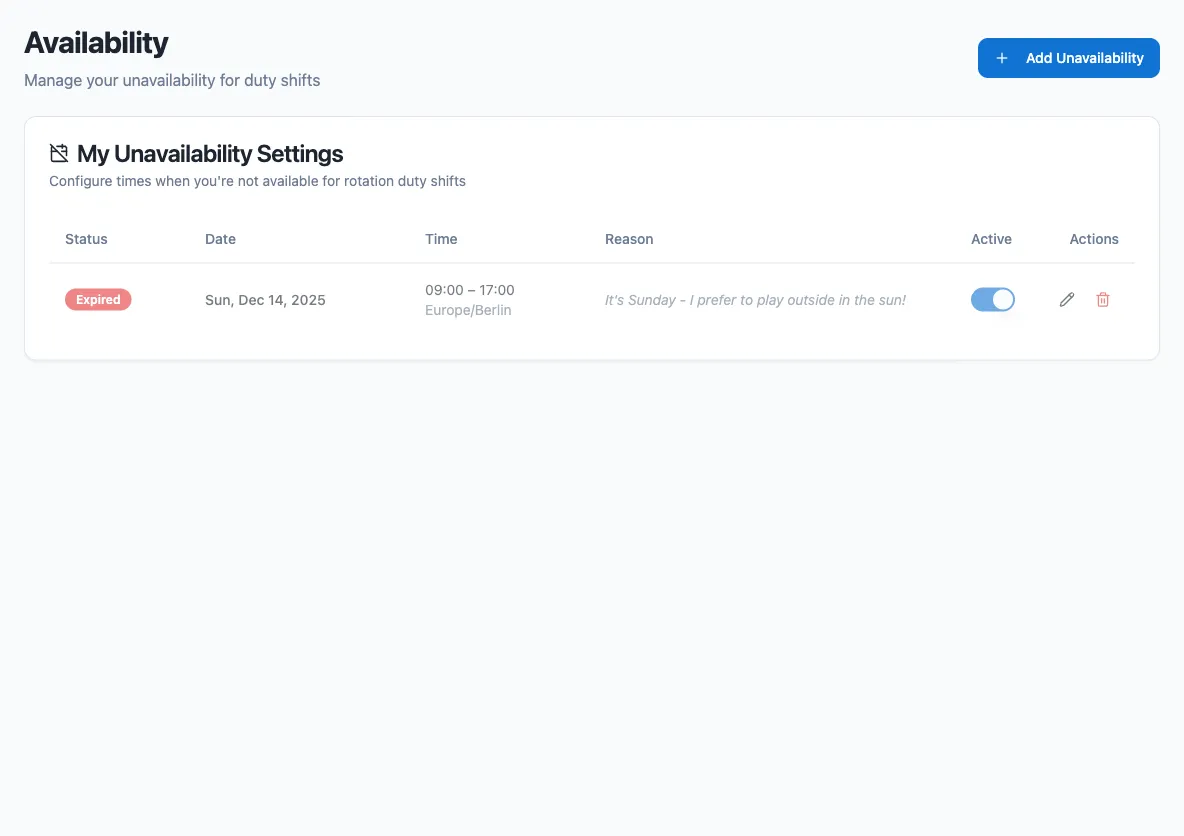 The Availability page in the dashboard, showing the My Unavailability Settings list with an example entry (status, date, time, reason, and an Active toggle) and the Add Unavailability button