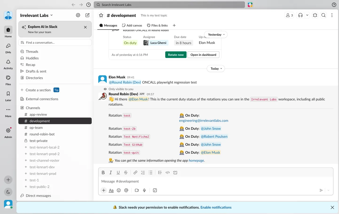 The reply to /rr duties, listing every rotation with its on-duty user