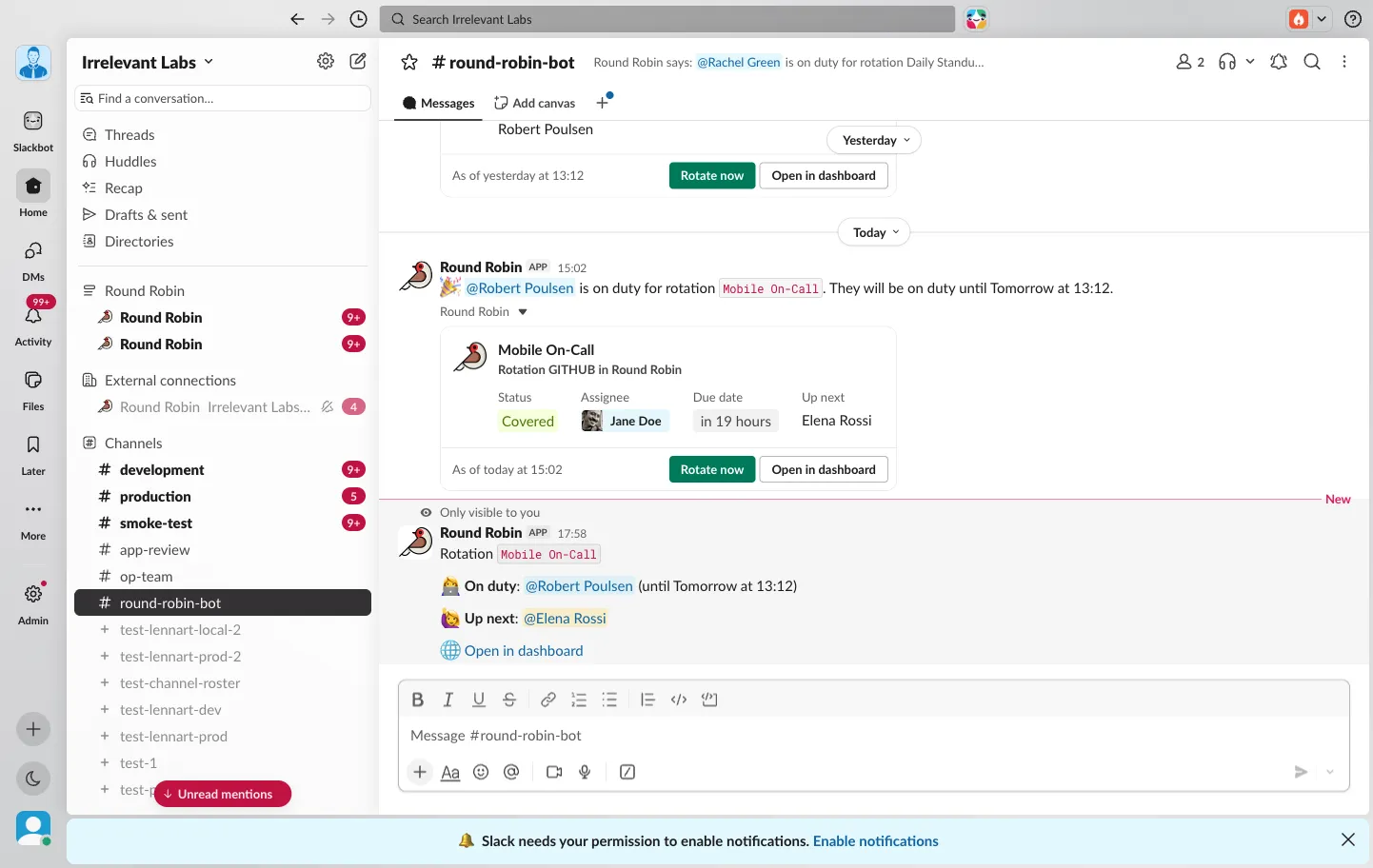The reply to /rr with a rotation code, showing who is on duty and up next