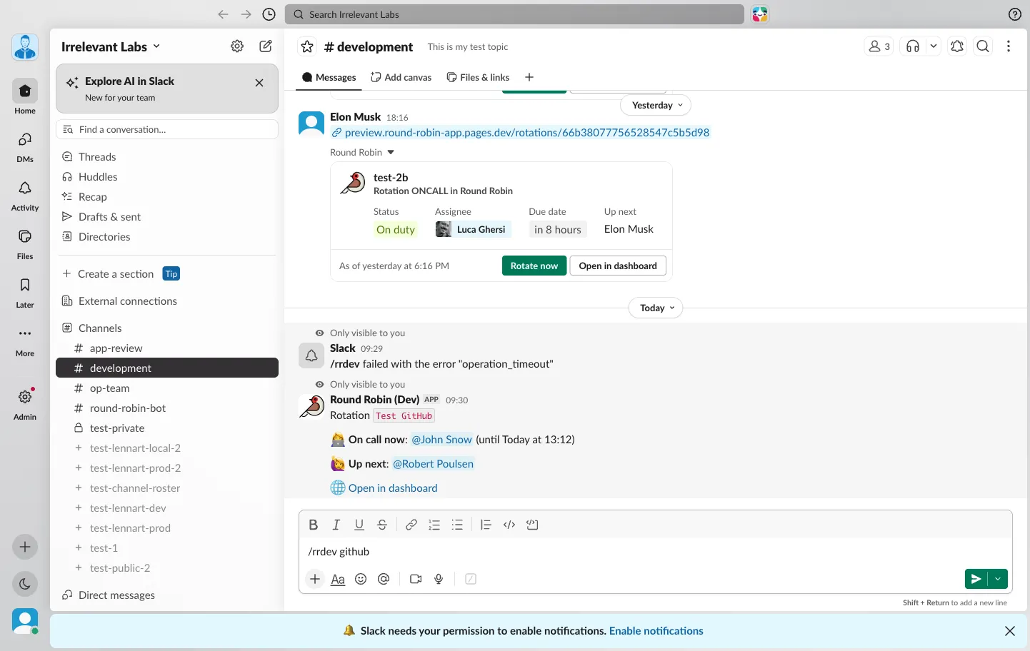 The reply to /rr with a rotation code, showing who is on call and up next
