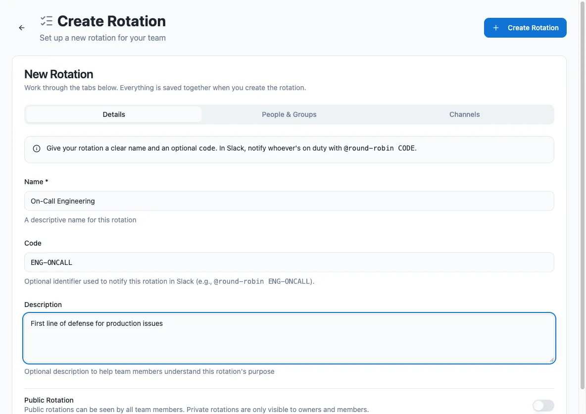The Create Rotation page with the Details tab filled in, showing Name, Code, Description, and the Public toggle