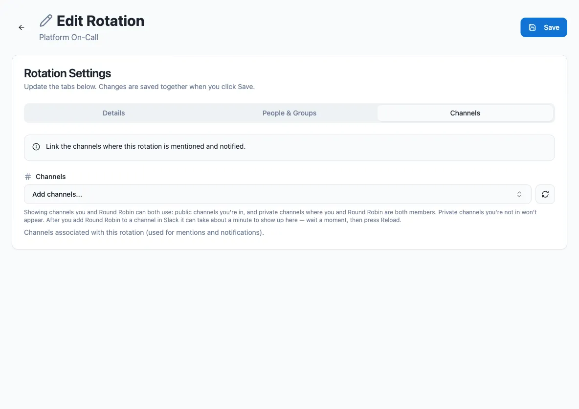 The edit rotation Channels tab