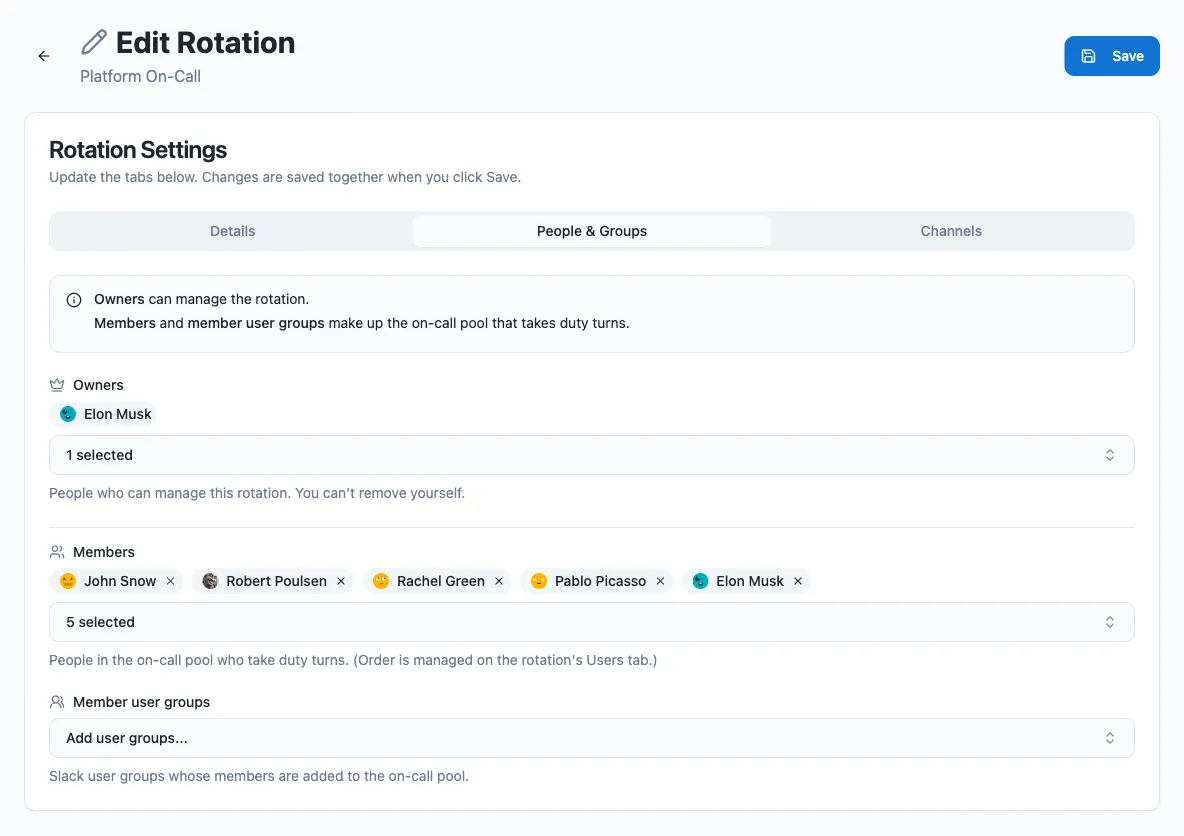 The edit rotation People &amp; Groups tab, showing members, owners, groups, and duty size