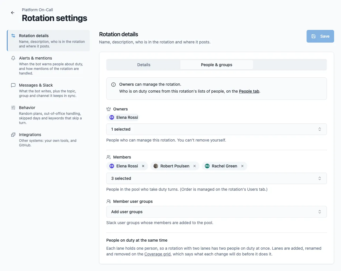 The edit rotation People & groups tab, showing members, owners and groups