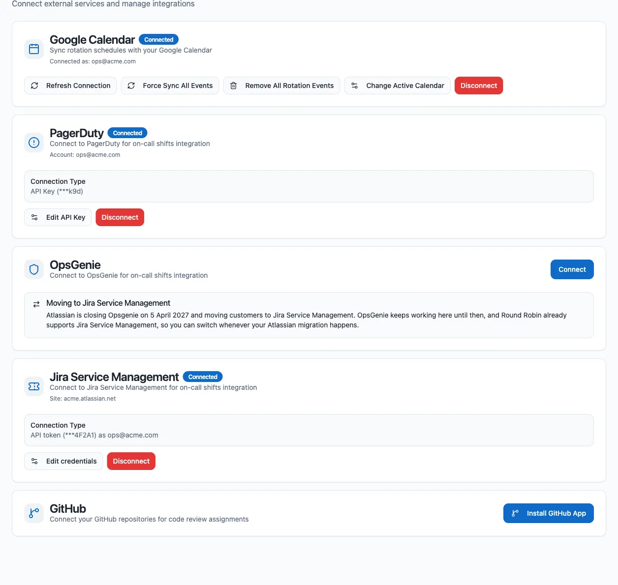 The Integrations page in the dashboard, with the Google Calendar card showing a Connected badge, the connected Google account, and the Refresh Connection, Force Sync All Events, Remove All Rotation Events, Change Active Calendar, and Disconnect actions