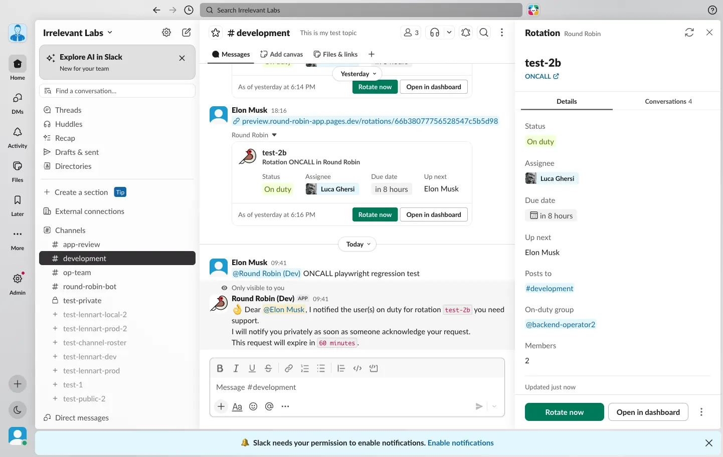 Summoning the on-call person by mentioning the bot with a rotation code