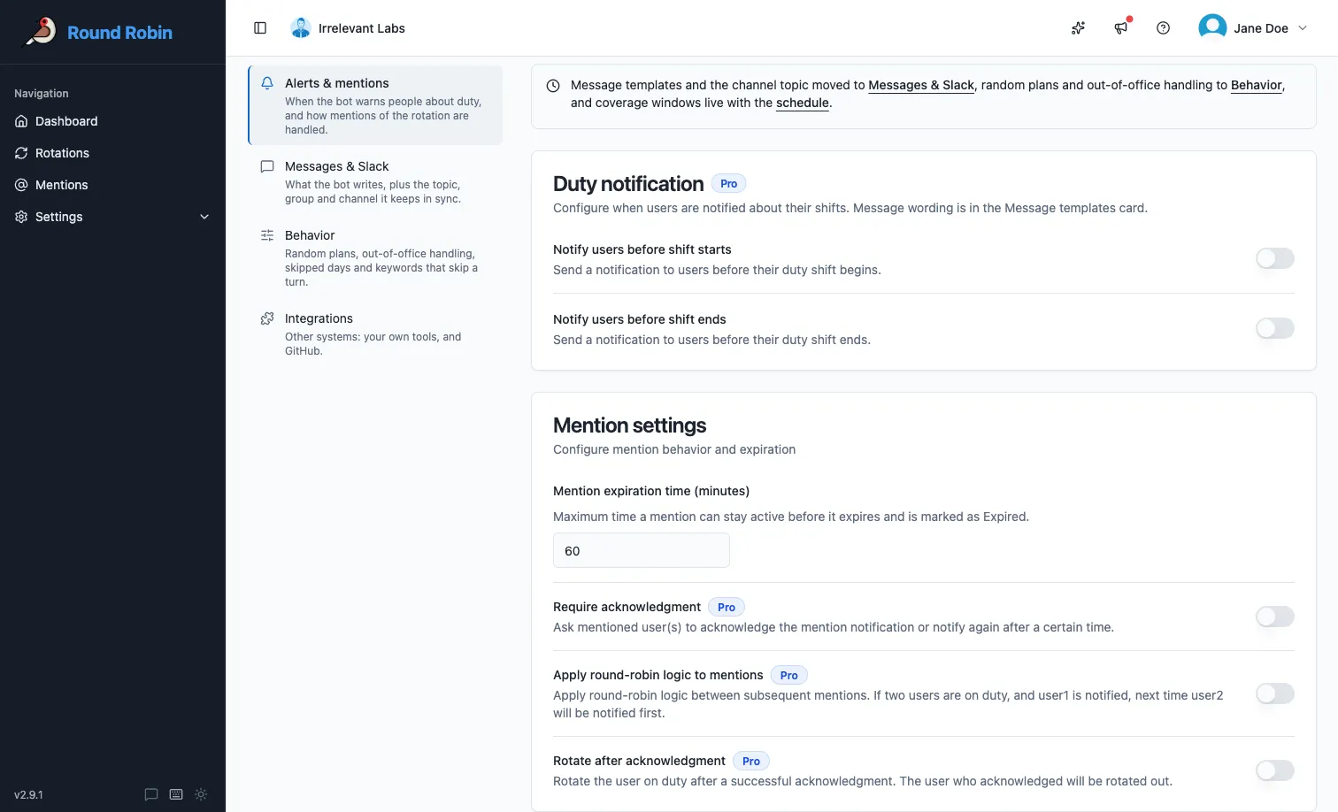 The Mention settings section of a rotation’s Alerts & mentions settings, showing expiration time, Require acknowledgment, Apply round-robin logic to mentions, and Rotate after acknowledgment