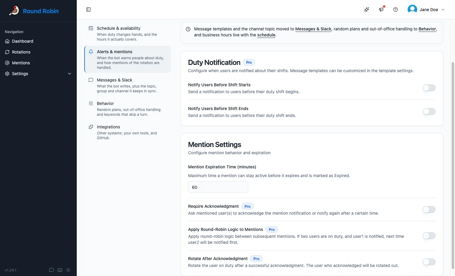 The Mention Settings section of a rotation’s Alerts & mentions settings, showing expiration time, Require Acknowledgment, Apply Round-Robin Logic, and Rotate After Acknowledgment