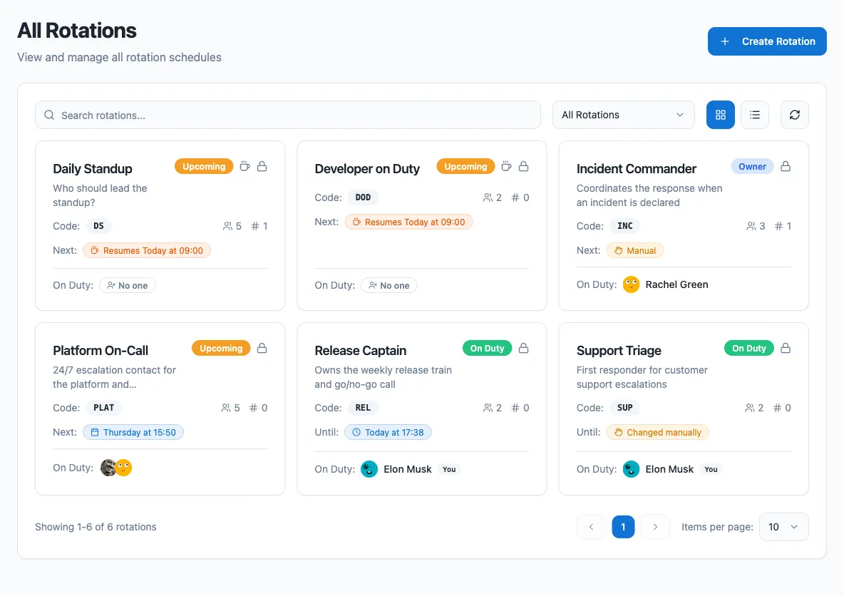 The All Rotations page in the dashboard, with search, filters, and rotation cards