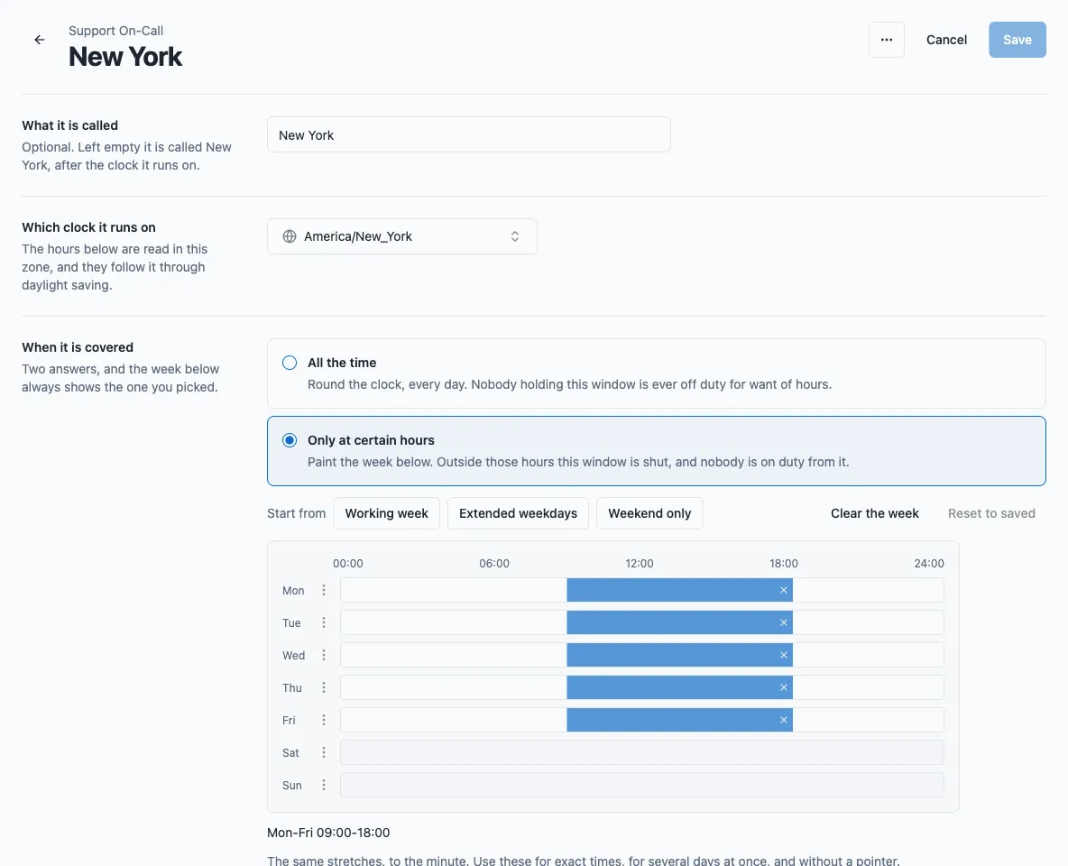 The coverage window page, with the time zone, the coverage hours and the cadence