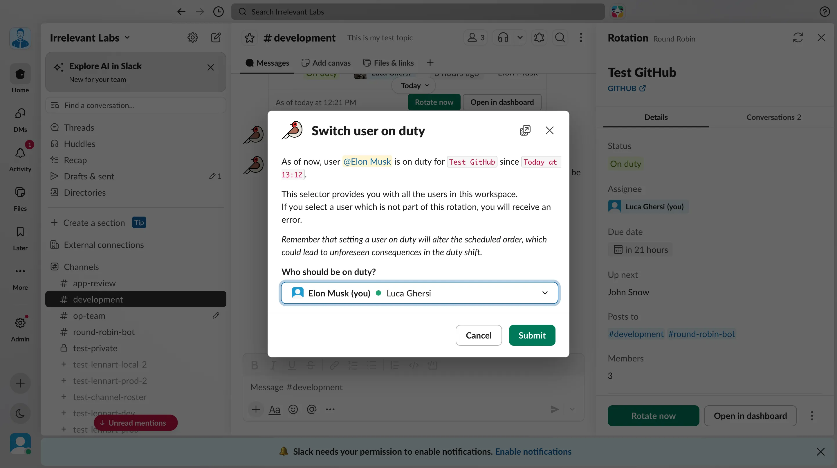 The Switch user on duty modal