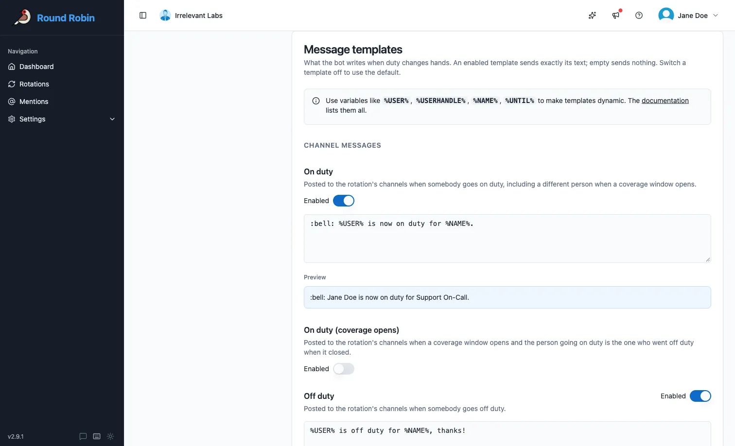 The Message templates card on a rotation’s Messages & Slack settings, with a template written in the editor and the live preview underneath it