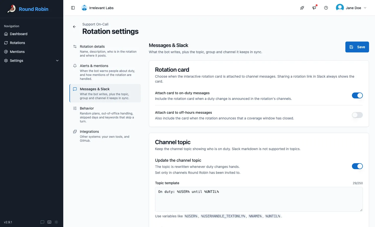 The Channel topic card on a rotation’s Messages & Slack settings, with the topic switch turned on